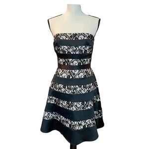 Max & Cleo Womens Fit & Flare Dress Black Satin Lace Striped Strapless Midi 4